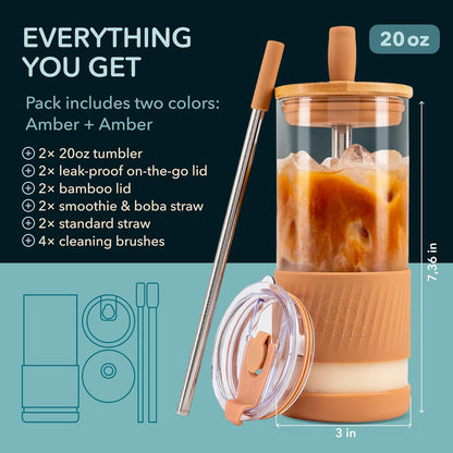 Pandaloo® Glass Cups With Lids and Straws -20 Fl Oz- Perfect Size Iced Coffee Cup - Smoothie Cup With Bamboo Lid and On the go Lid - Glass Tumbler With Straw (1 Count (Pack of 1), Lilac Rhapsody)