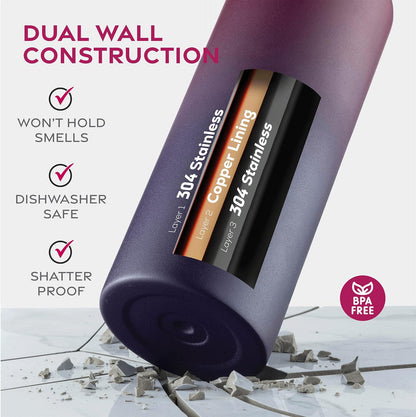 FineDine Water Bottle - Stainless Steel Insulated Water Bottle with Straw Lid, Flip Lid & Wide-Mouth Cap - Keeps Hot and Cold - 25 Oz / 739ml - Dreamy Purple