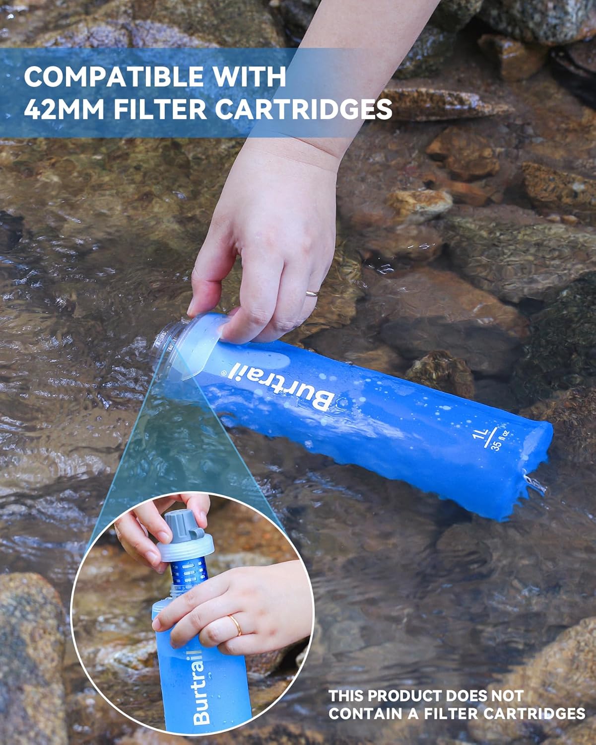 Ultralight Collapsible Water Bottle, Compatible with 42mm BeFree Water Filter Cartridge, 1.0L Leakproof Foldable Water Bottle for Camping, Backpacking, Travel & Endurance Sports
