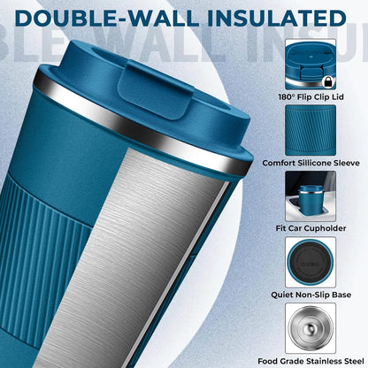 Insulated Coffee Tumbler 12 oz, Stainless Steel Coffee Mug with Lids, Travel Coffee Mug Leak Proof, Double Wall Vacuum Insulated Reusable Coffee Cup, Keep Drinks Hot and Cold (Sky Blue, 12 Ounces)