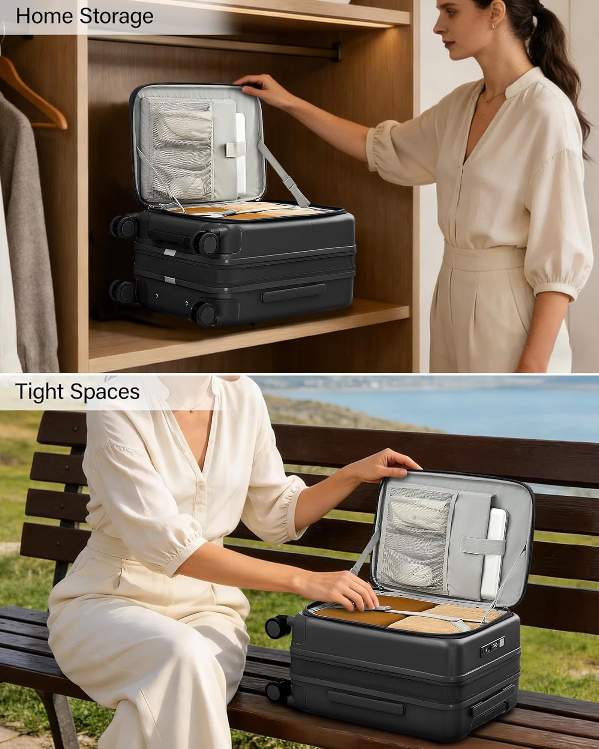 Hanke 20 Inch Expandable Carry On Luggage with Cup Holder 22x14x9 Airline Approved, Top Opening Hard Shell Suitcases with Wheels, Carry-On Travel Suitcase Trunk Luggage with Lock, Smoke White