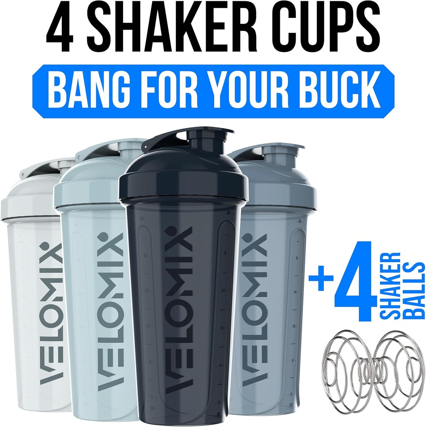VELOMIX -4 PACK 28 Oz Protein Shaker Bottle for Protein Mixes - 4x Wire Whisk | Leak Proof Shaker Cups for Protein Shakes | Large, Stackable Protein Shaker Bottles Pack | Dishwasher Safe (Aqua Depths)
