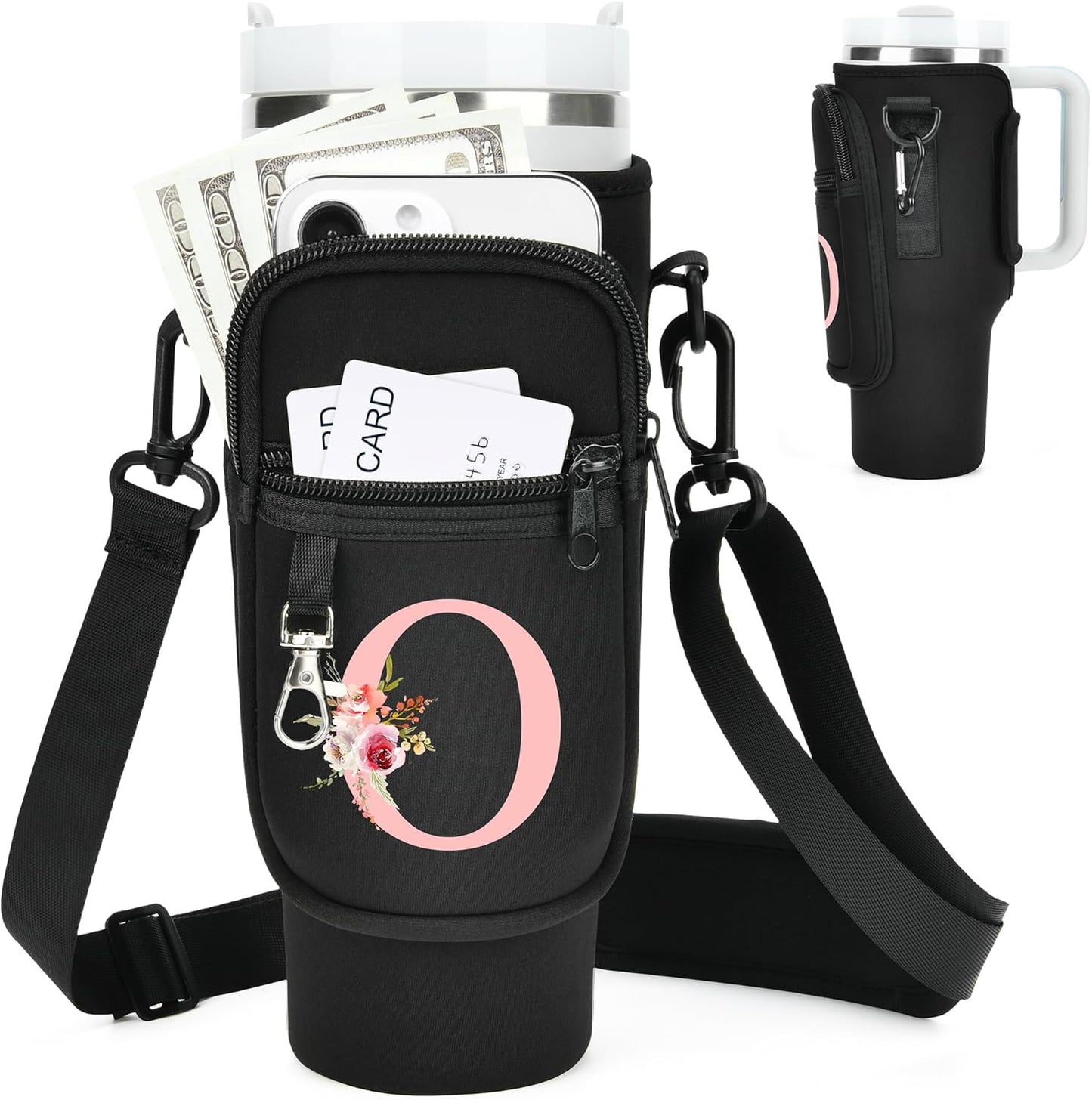 Initial Water Bottle Holder with Strap for Stanley Cup Accessories 40 oz/Simple Modern Tumbler, Birthdays for Women Girls, Water Bottle Carrier Bag with Phone Pocket,Hiking Walking Gym Camping