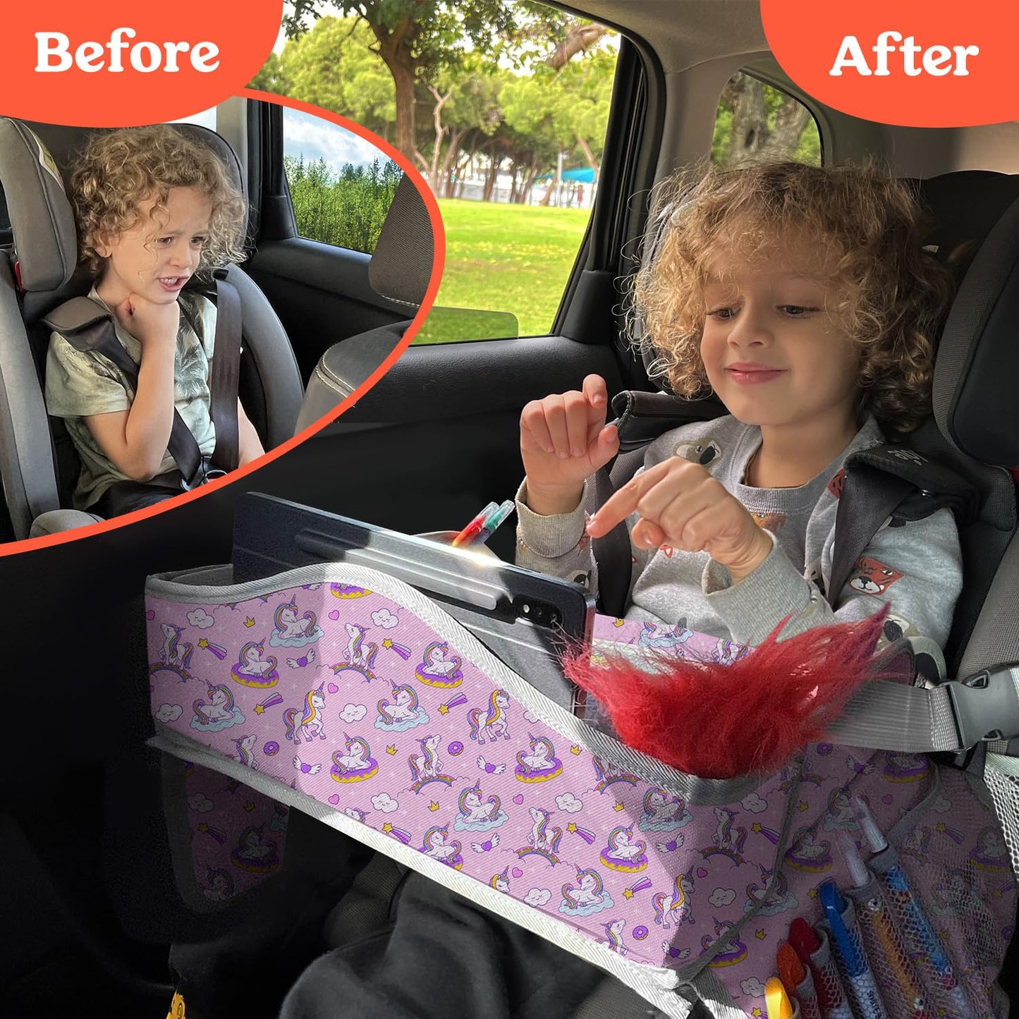PILLANI Kids Travel Tray for Car - Car Seat Tray with Activity Sheets & Pens, Road Trip Essentials for Car & Airplane, Must Have Toddler Travel Lap Desk Accessories - Road Trip Activities for Kids