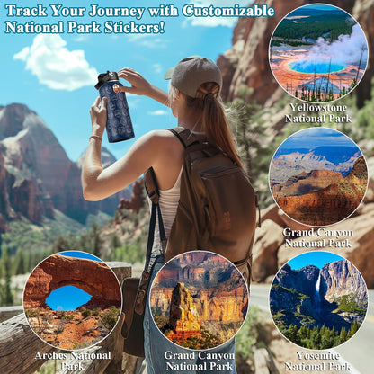 National Parks Water Bottle with Stickers, Birthday Gifts for Men and Women, 32oz Wide Mouth Leakproof Stainless Steel Bucket List Insulated Bottle for Camping & Hiking