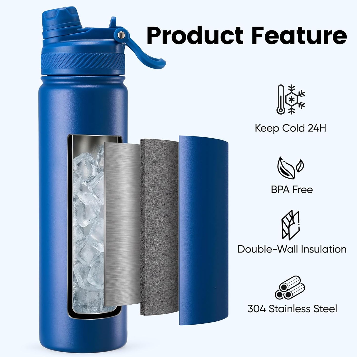 Fijinhom 18 oz Insulated Water Bottle, 2-in-1 Straw and Spout Lid Stainless Steel Thermos, Leak-Proof, Double Wall Vacuum Flask, Keep Cold 24H for Outdoor, Sports, Travel, School (Black)