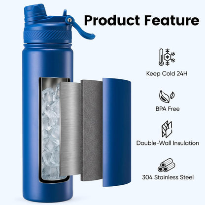 Fijinhom 18 oz Insulated Water Bottle, 2-in-1 Straw and Spout Lid Stainless Steel Thermos, Leak-Proof, Double Wall Vacuum Flask, Keep Cold 24H for Outdoor, Sports, Travel, School (Black)