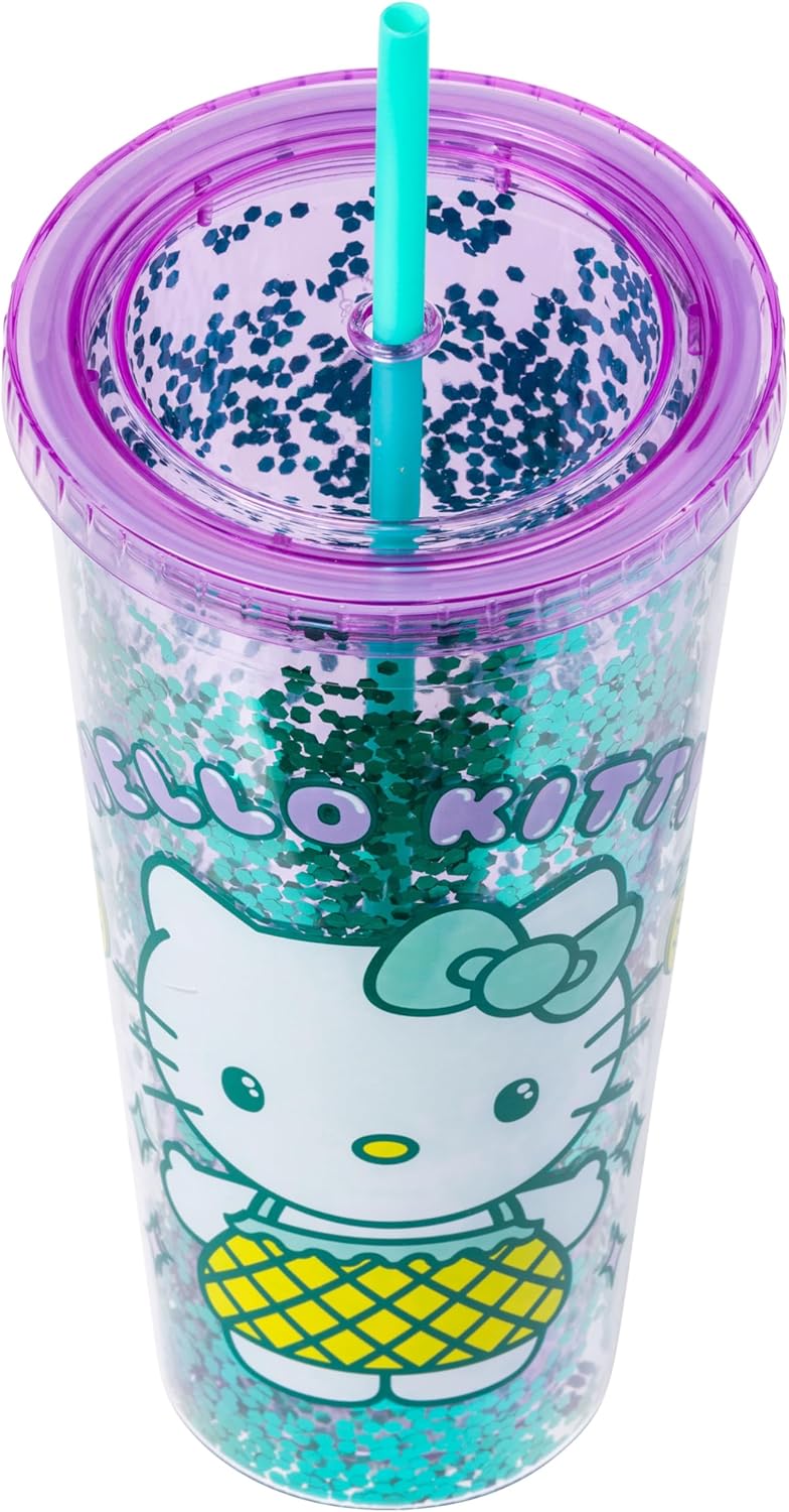 Silver Buffalo Sanrio Hello Kitty Milk Carton Pattern Plastic Boba Tumbler w Lid and Wide Straw, 24 Ounces