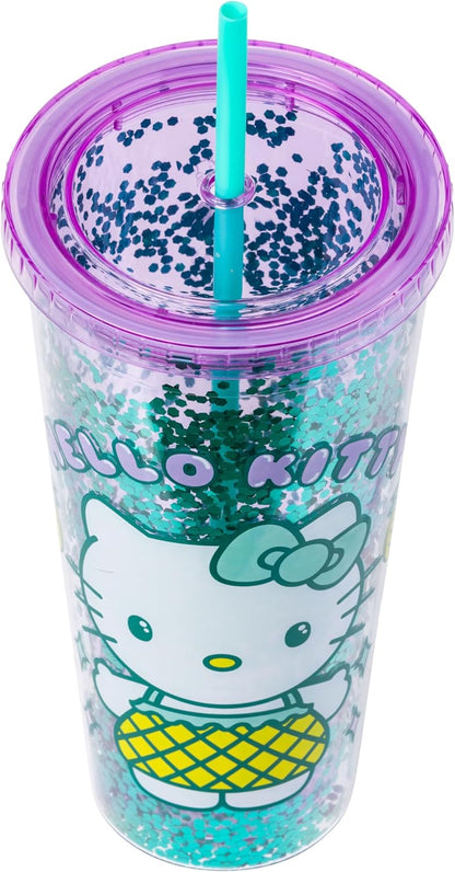 Silver Buffalo Sanrio Hello Kitty Milk Carton Pattern Plastic Boba Tumbler w Lid and Wide Straw, 24 Ounces