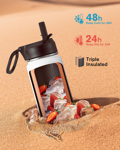 Half Gallon Water Bottle Insulated with Straw & 3 Lids, Coolflask 64 oz Water Jug Large Metal Stainless Steel Wide Mouth for Sports, Gym or Office, Non-BPA Keep Cold 48H Hot 24H, Samurai Cyan