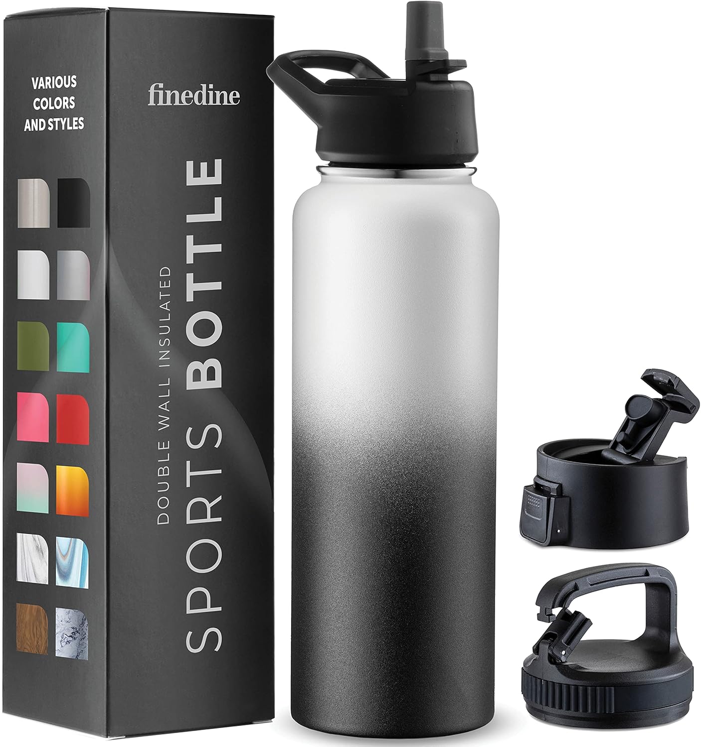 FineDine Water Bottle - Stainless Steel Insulated Water Bottle with Straw Lid, Flip Lid & Wide-Mouth Cap - Keeps Hot and Cold - 25 Oz / 739ml - Dreamy Purple