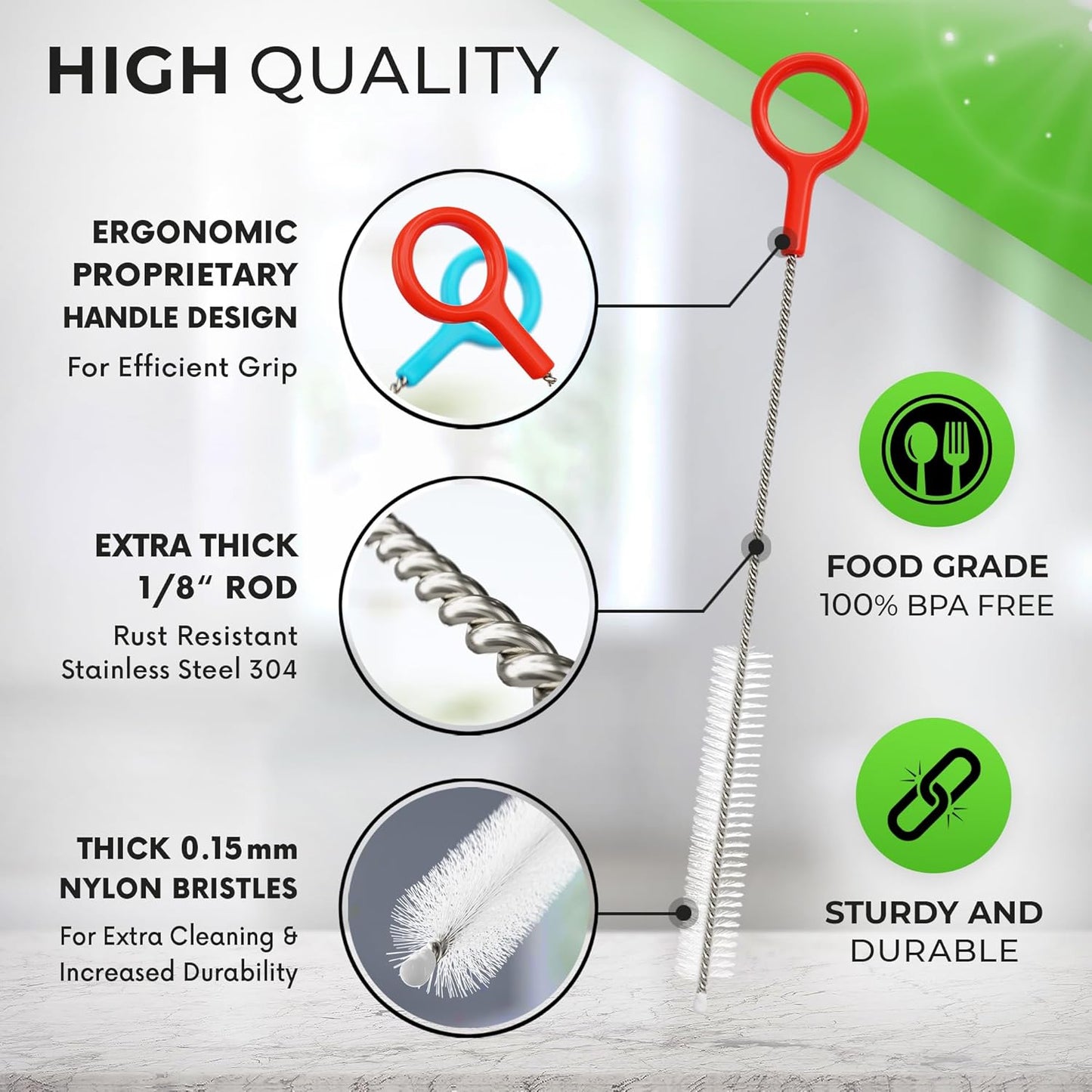 Buenalife Heavy Duty Cleaning Brushes Set of 4 - Extra Long Straw Cleaners for Metal and Plastic Reusable Drinking Straws, to Clean Small Spaces, Sippy Cups, Water Bottles - Sturdy Hard Brush Bristles