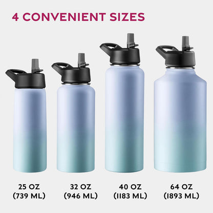 FineDine Water Bottle - Stainless Steel Insulated Water Bottle with Straw Lid, Flip Lid & Wide-Mouth Cap - Keeps Hot and Cold - 25 Oz / 739ml - Dreamy Purple