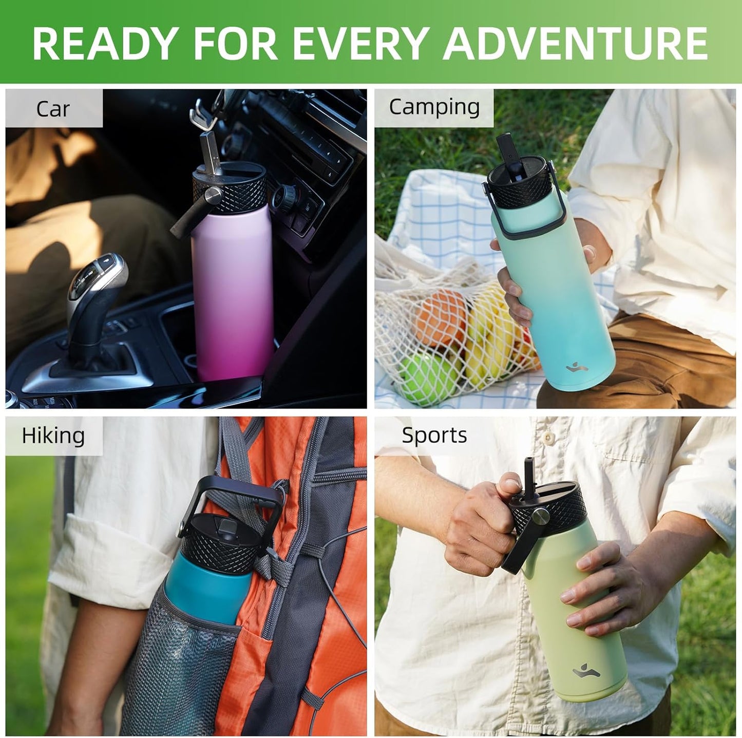 Konokyo 22oz Stainless Steel Bottles with 3 Lids Sport Insulated Water Bottle,Mint