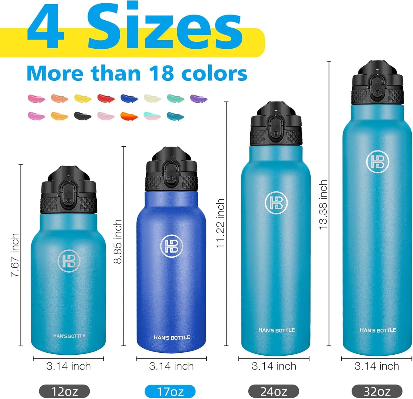 Han's Bottle Sports Water Bottle - 24 Oz, Straw Lid, Leak Proof, Vacuum Insulated Stainless Steel, Double Walled, Thermo Mug,Black