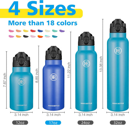 Han's Bottle Sports Water Bottle - 24 Oz, Straw Lid, Leak Proof, Vacuum Insulated Stainless Steel, Double Walled, Thermo Mug,Black