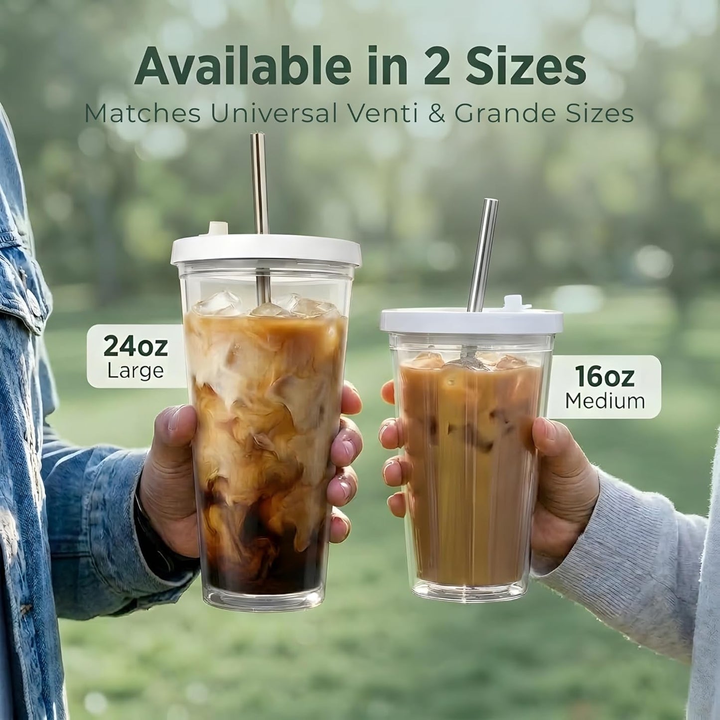 Reusable Iced Coffee Cup with Lid and Straw, 24 oz/Venti, BPA-Free Double-Wall Insulated Plastic Tumbler for Cold Drinks, Includes Clear Plastic Straw, Stainless Steel Straw and Cleaning Brush, White