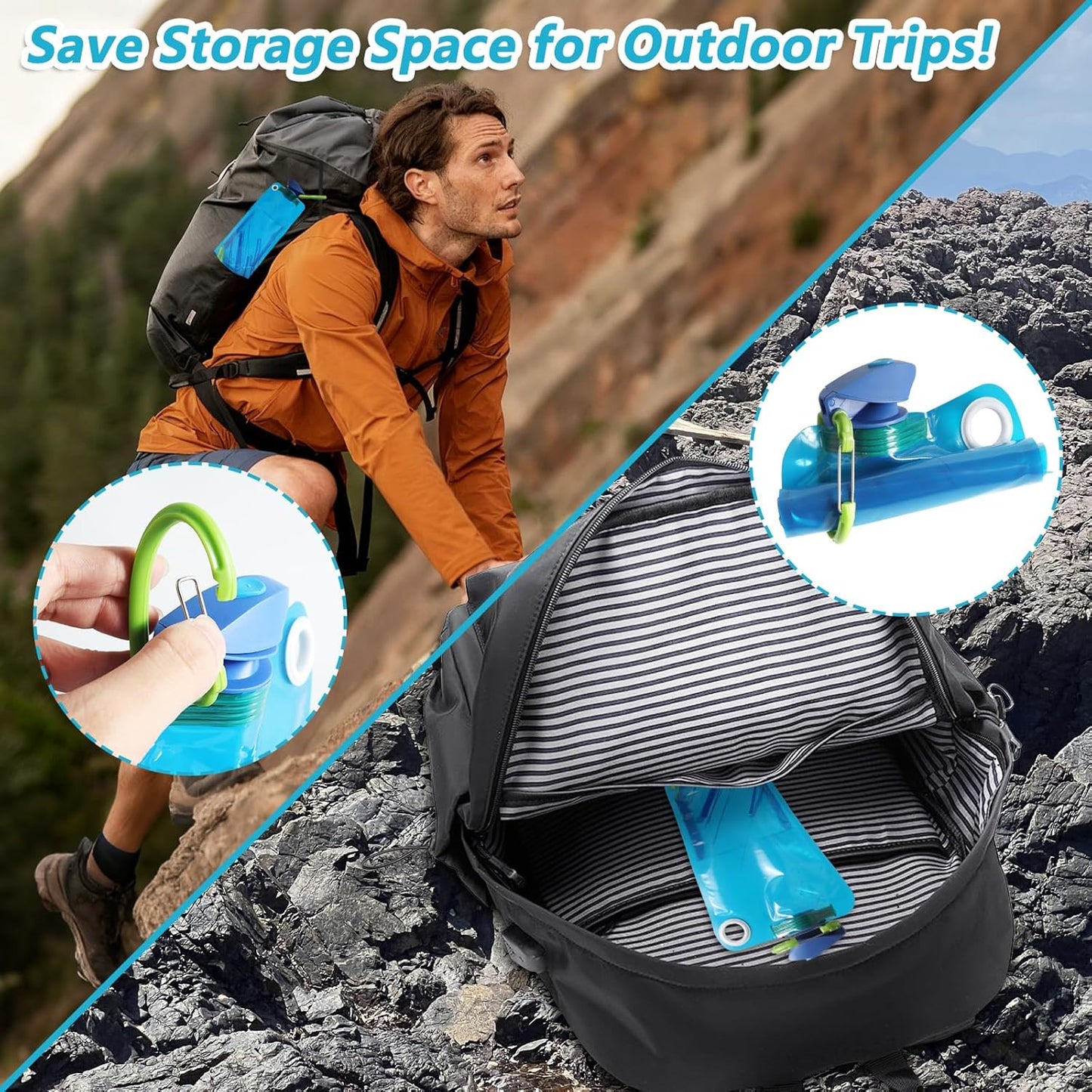 4 Pack Collapsible Water Bottle With Carabiner, 34 Ounce Foldable Water Bag with Leakproof Lid, Food-Grade Silicone Portable Water Bottle for Hiking, Sports, Camping, Biking, Traveling, BPA-Free
