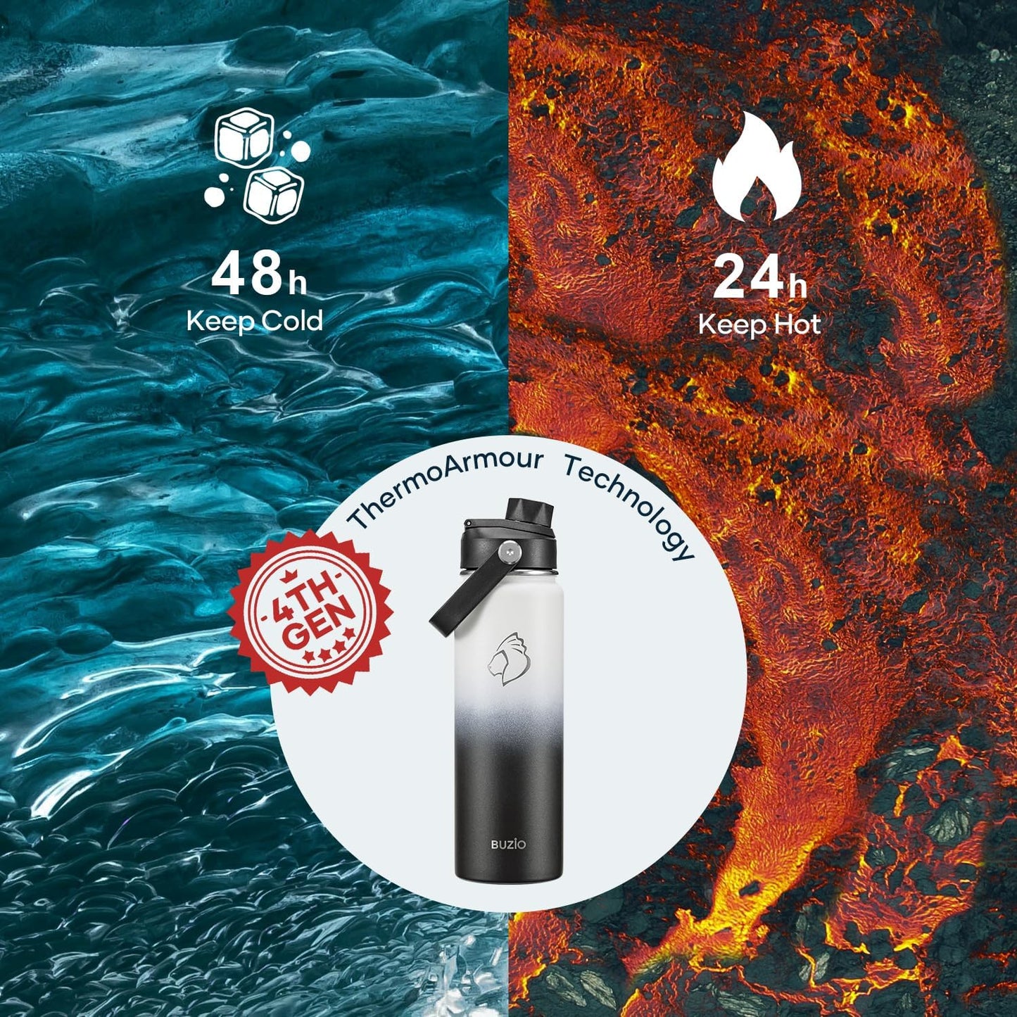 BUZIO 40oz Insulated Water Bottle, Triple Wall Vacuum Stainless Steel Water Flask with 2 lids, Lead-Free BPA-Free Straw Lid Sports Canteen Jug, Cold 48H & Hot 24H- Black - Colors A