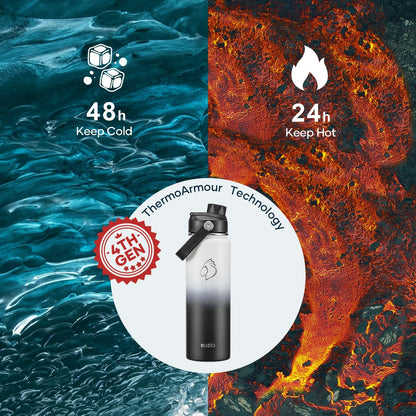 BUZIO 40oz Insulated Water Bottle, Triple Wall Vacuum Stainless Steel Water Flask with 2 lids, Lead-Free BPA-Free Straw Lid Sports Canteen Jug, Cold 48H & Hot 24H- Black - Colors A