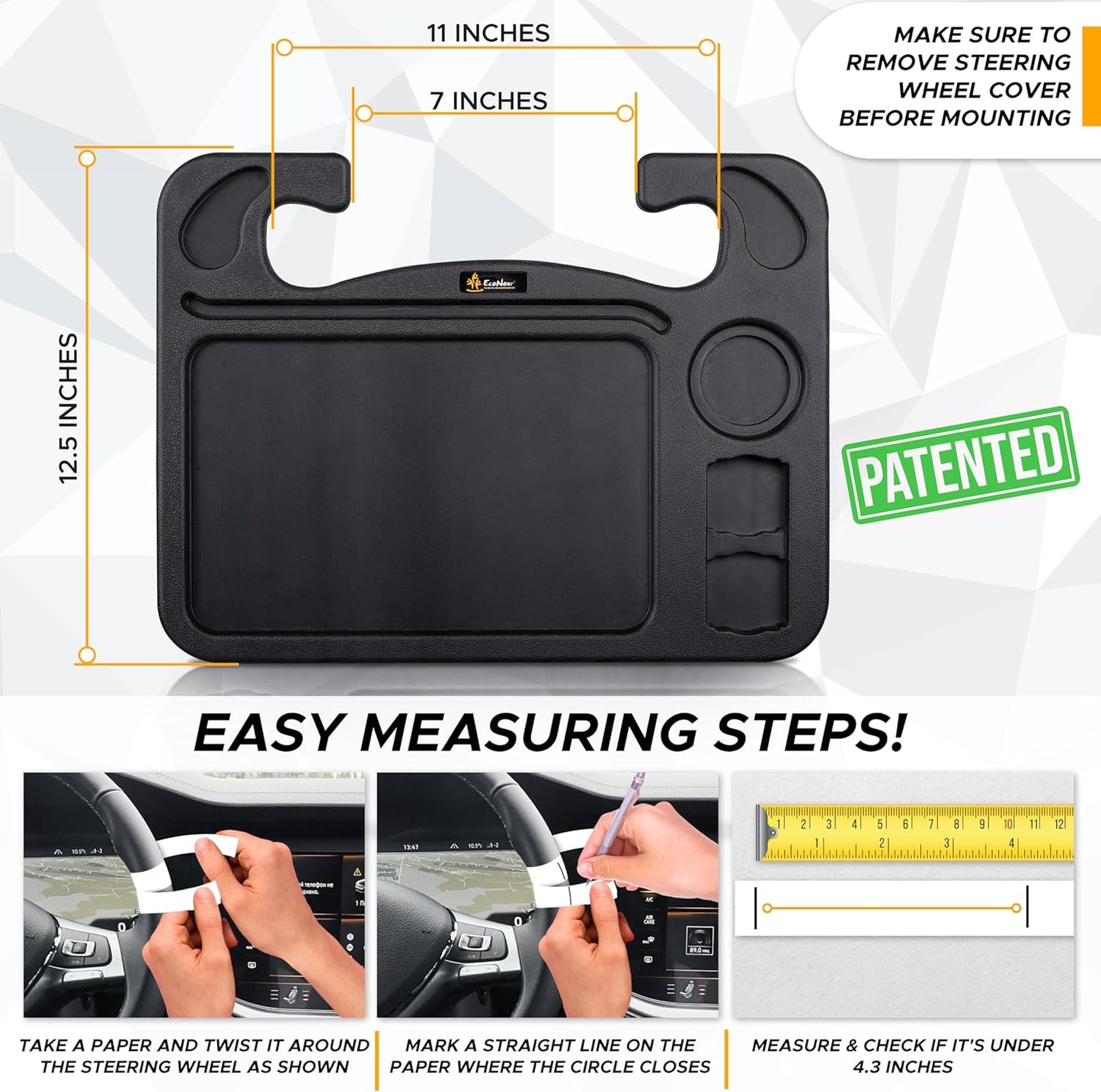EcoNour 2 in 1 Car Steering Wheel Desk | Tray for Laptop Car Mount with Pen Holder | Desk Console for Car | Food Tray for Eating with Drinks Holder | Multipurpose Travel Car Accessories
