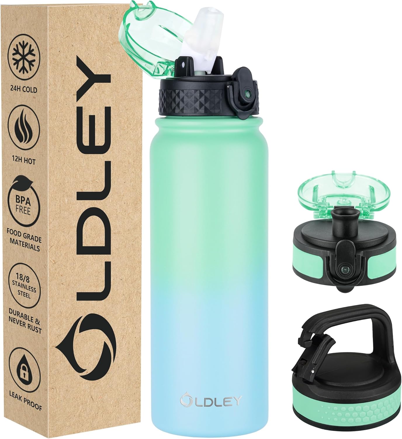 Oldley Insulated Water Bottle 20oz for Adults Kids Stainless Steel Water Bottles with Straw/Chug/Carabiner 3 Lids Fruit Strainer Double Wall Vacuum Wide Mouth BPA Free Leak-Proof for School Travel