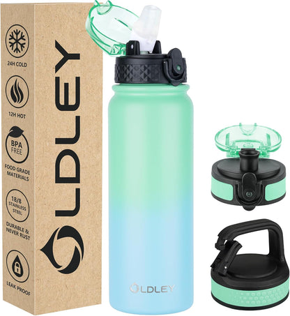 Oldley Insulated Water Bottle 20oz for Adults Kids Stainless Steel Water Bottles with Straw/Chug/Carabiner 3 Lids Fruit Strainer Double Wall Vacuum Wide Mouth BPA Free Leak-Proof for School Travel