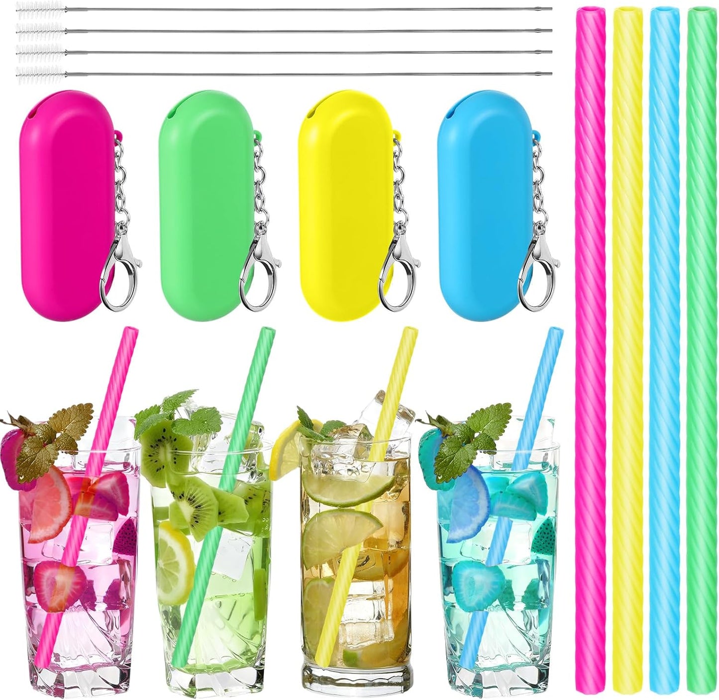 Meanplan 4 Sets Cruise Ship Essentials,4 Set Silicone Straws with Case Reusable Silicone Portable Drinking Straw Set for Party Travel Cold or Hot with 4 Carry Case, 4 Cleaning Brushes (Classic Color)