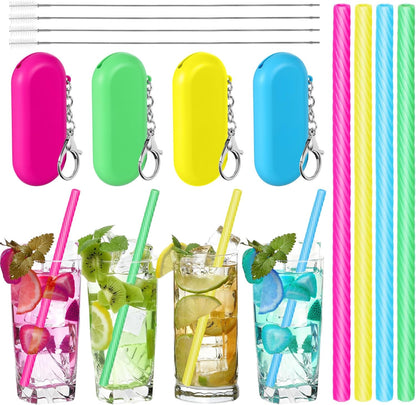 Meanplan 4 Sets Cruise Ship Essentials,4 Set Silicone Straws with Case Reusable Silicone Portable Drinking Straw Set for Party Travel Cold or Hot with 4 Carry Case, 4 Cleaning Brushes (Classic Color)