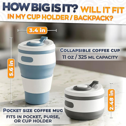 2-Pack Collapsible Cups for Traveling Reusable – 11oz Leakproof Coffee Travel Mug, Silicone, Foldable and Portable for Hiking, Camping, Office | Lightweight and Collapsible Coffee Cups for Outdoor Use