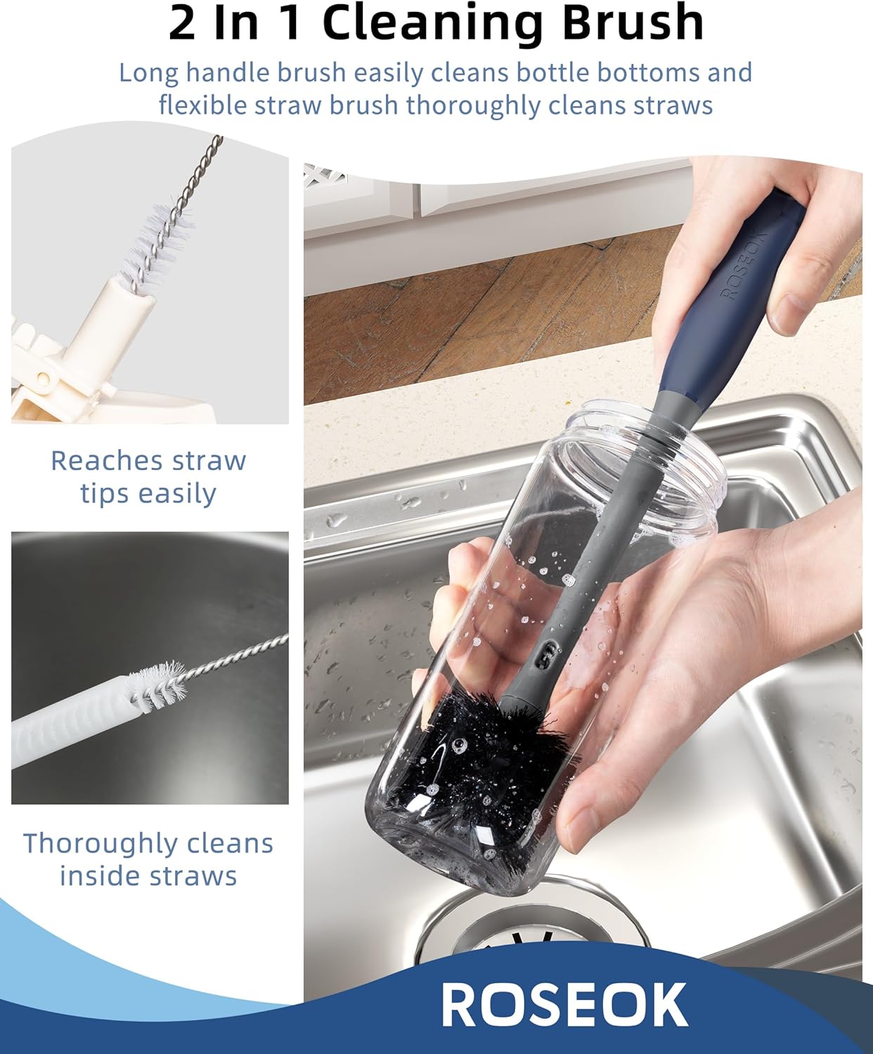 ROSEOK 2 in 1 Long Handle Bottle Brush with Straw Brush for Cleaning Glass, Sports Bottle, Coffee Mug,Navy Blue,1 Pack