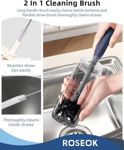 ROSEOK 2 in 1 Long Handle Bottle Brush with Straw Brush for Cleaning Glass, Sports Bottle, Coffee Mug,Navy Blue,1 Pack
