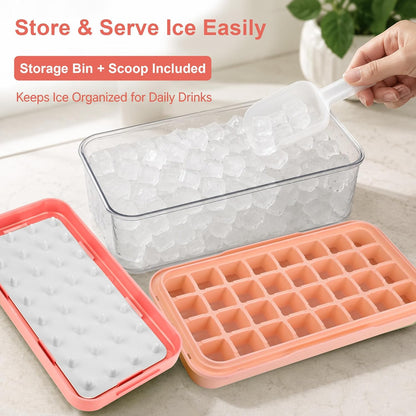 Ice Trays for Freezer with Lid & Bin, Ice Cube Tray Making 64 pcs Ice Cubes, Easy Press to Release Ice, Ice Tray with Storage Bin Chilling Cocktail Whiskey Coffee 2 Trays 1 Ice Bucket & Scoop (Black)