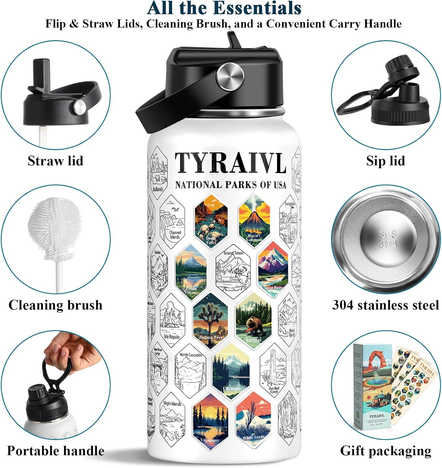 National Parks Water Bottle with Stickers, Birthday Gifts for Men and Women, 32oz Wide Mouth Leakproof Stainless Steel Bucket List Insulated Bottle for Camping & Hiking