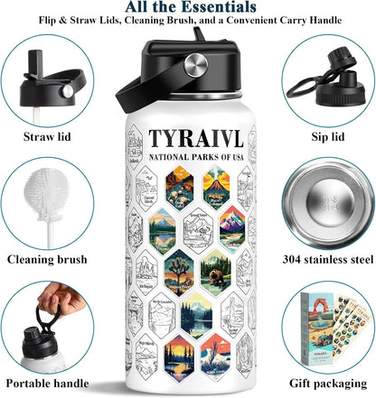 National Parks Water Bottle with Stickers, Birthday Gifts for Men and Women, 32oz Wide Mouth Leakproof Stainless Steel Bucket List Insulated Bottle for Camping & Hiking