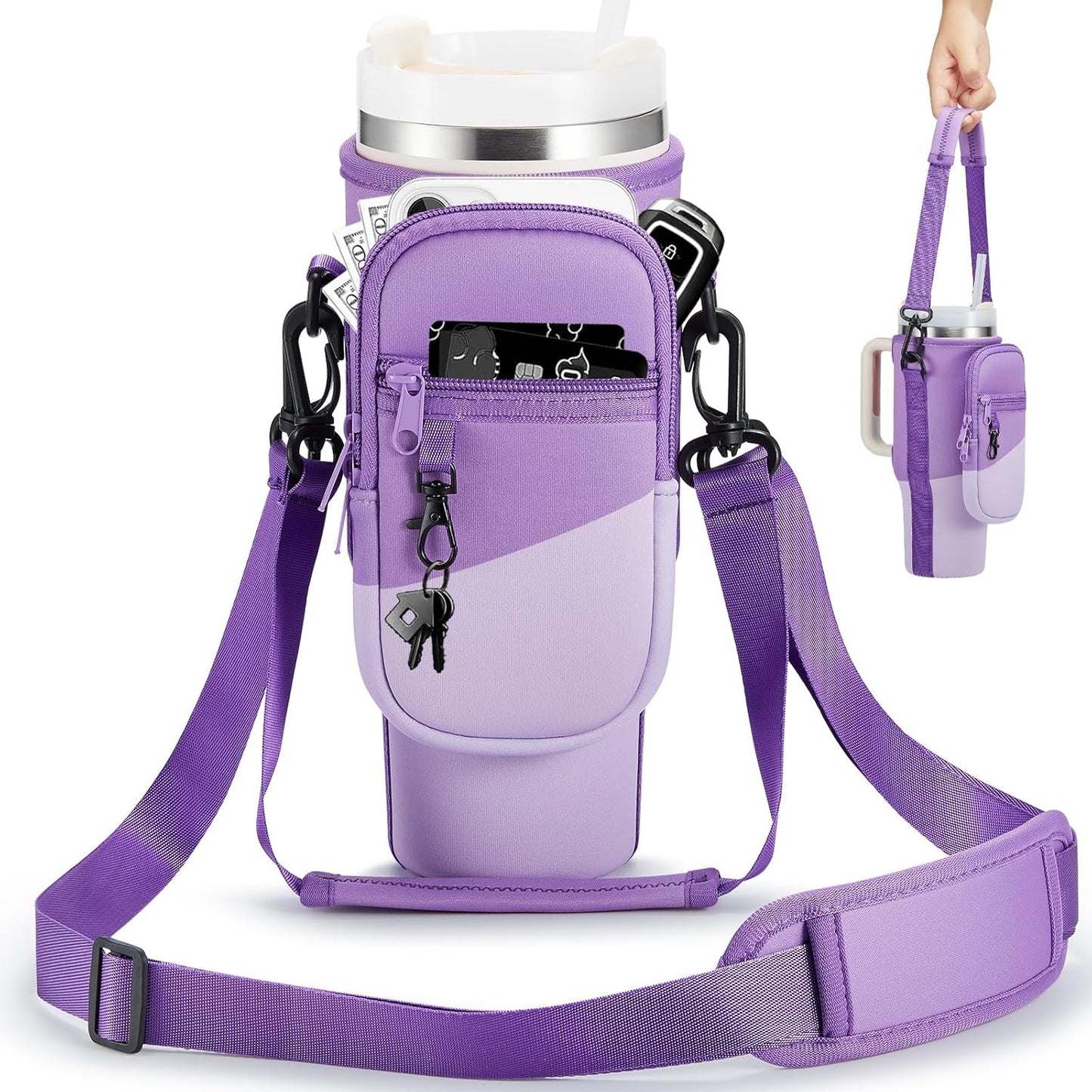 BULKITEM Water Bottle Carrier Bag with Phone Pocket for Stanley 40 & 30 oz Tumbler with Handle,Pink Insulated Neoprene Cup Holder Pouch w/Adjustable Strap for Quencher H2.0 Stanley Cup Accessories