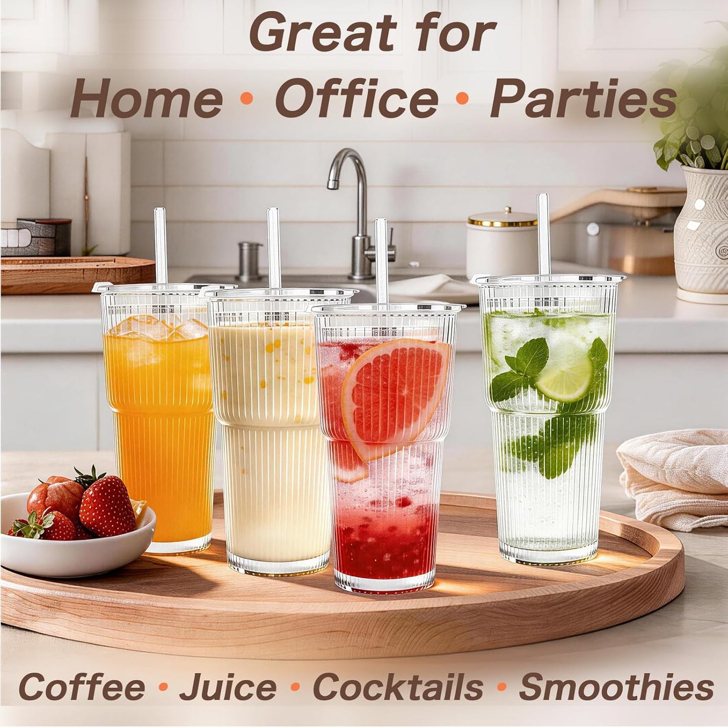 Clear Iced Coffee Cups with Lids - 4 Pack, 20oz Reusable Glass Cups with Lids and Straws, Drinking Tumblers for Cocktail Beer, Juice, Smoothie, Coffee Bar, Housewarming Gifts - Dishwasher Safe