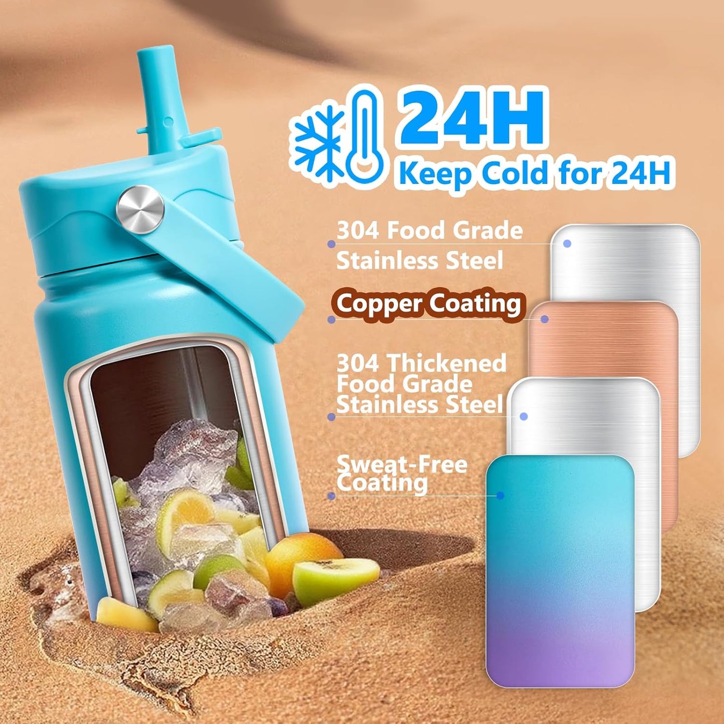 Insulated Water Bottle with Lid & Boot & Stickers, 24 oz Stainless Steel Sweat Free Bottle Keep Cold 24H, BPA-Free Sports Wide Mouth Water Bottle, BlueBlack