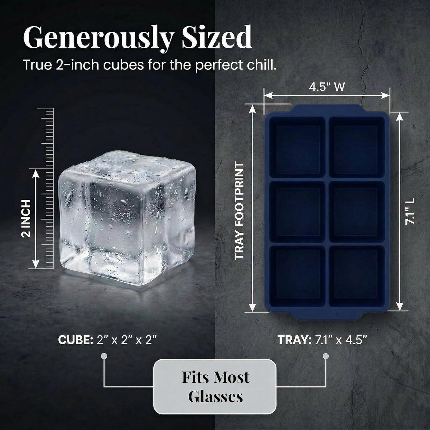 KitchFort Large Silicone Ice Cube Tray (2-Pack), Easy Release 2" Big Ice Cubes - Cocktail, Whiskey Ice Cubes Mold - Ice Trays for Freezer with Lid - Stackable Silicone Ice Tray - Black