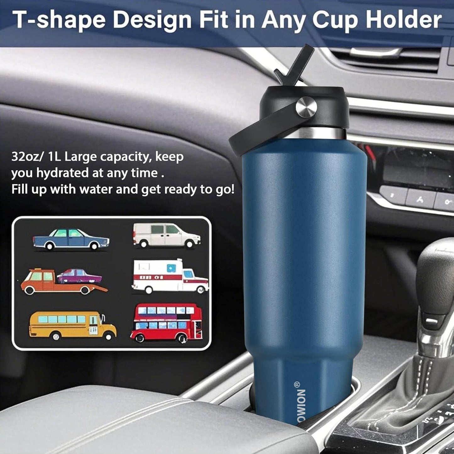 HYDROWION 32oz Stainless Steel Water Bottle(Cold for 48 Hrs, Hot for 24 Hrs),Double Wall Vacuum Insulated Water Bottle with Straw Lid, Spout Lid and Flex Cap, Fit in Any Car Cup Holder,Black