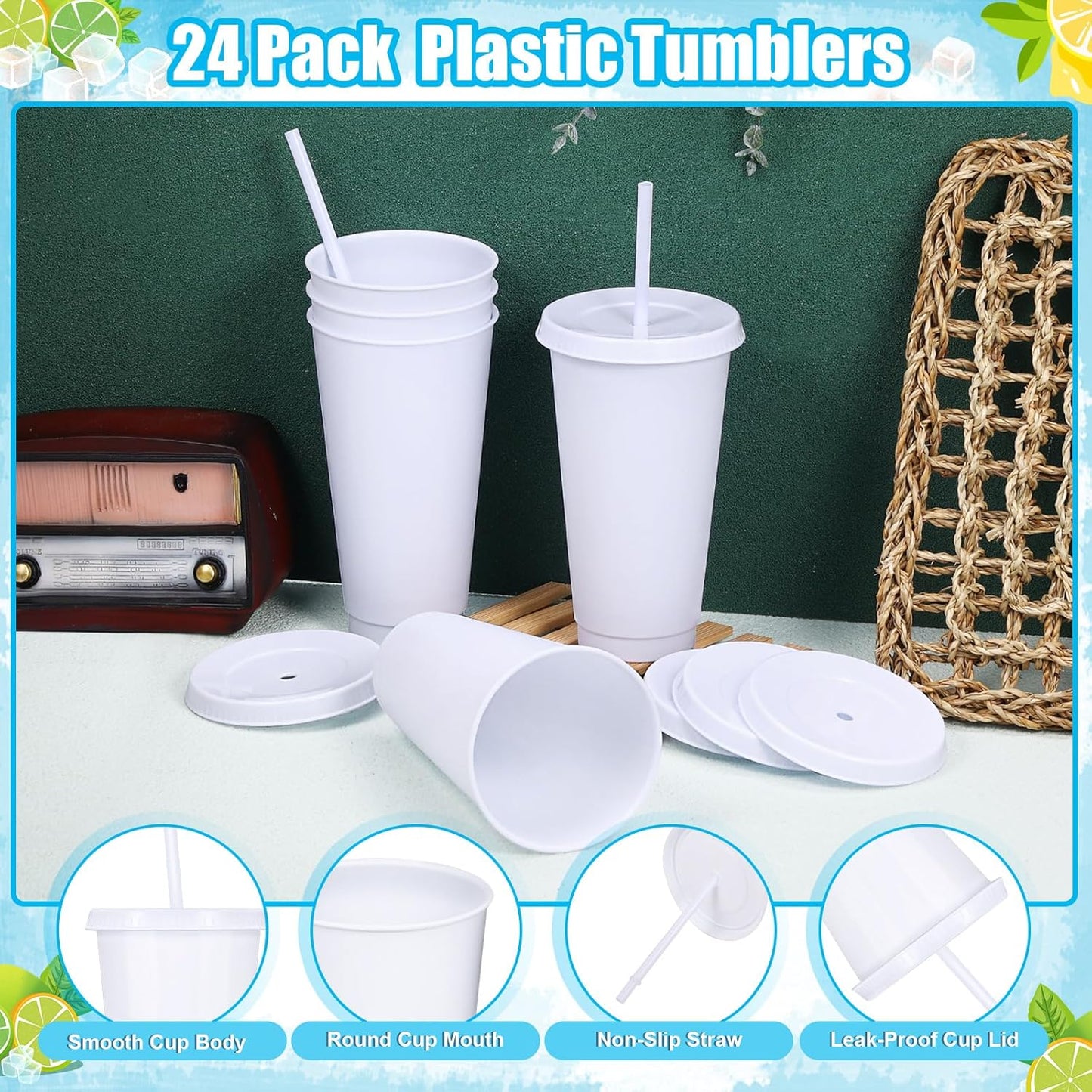 24 Pack Plastic Tumblers with Lids and Straw, Reusable Cups with Lids and Straws Colorful Cups for Cold Drink Iced Coffee, Plastic Tumbler Bulk for Party Birthday Gifts (24 oz, Stylish Colors)