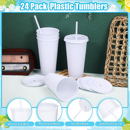 24 Pack Plastic Tumblers with Lids and Straw, Reusable Cups with Lids and Straws Colorful Cups for Cold Drink Iced Coffee, Plastic Tumbler Bulk for Party Birthday Gifts (24 oz, Stylish Colors)