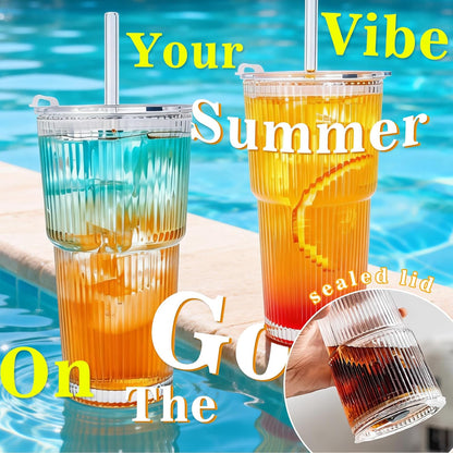 Clear Iced Coffee Cups with Lids - 4 Pack, 20oz Reusable Glass Cups with Lids and Straws, Drinking Tumblers for Cocktail Beer, Juice, Smoothie, Coffee Bar, Housewarming Gifts - Dishwasher Safe