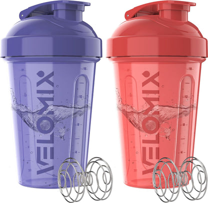 VELOMIX -2 Pack- 20 oz Protein Shaker Bottles for Protein Mixes - 2x Wire Whisk | Leak Proof Shaker Cups for Protein Shakes and Pre Workout | Protein Shaker Bottle Pack (Black/Transparent)