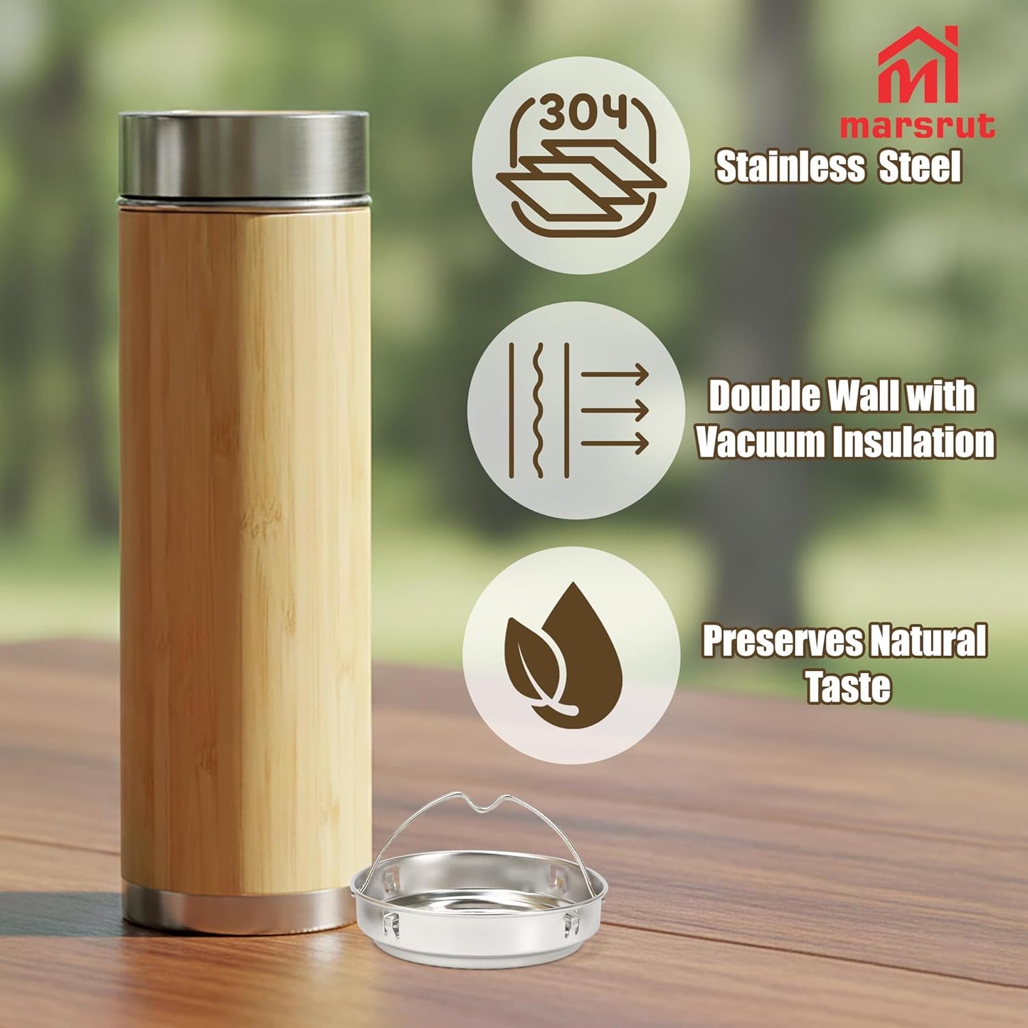 Bamboo Tea Infuser, Insulated Water Bottle, 17oz Reusable Travel Mug, Leak Proof Tumbler, Double-walled Stainless Steel Cup with Lid Keeps Hot & Cold Drinks Beverages, for Loose Tea, Coffee, Gift Set