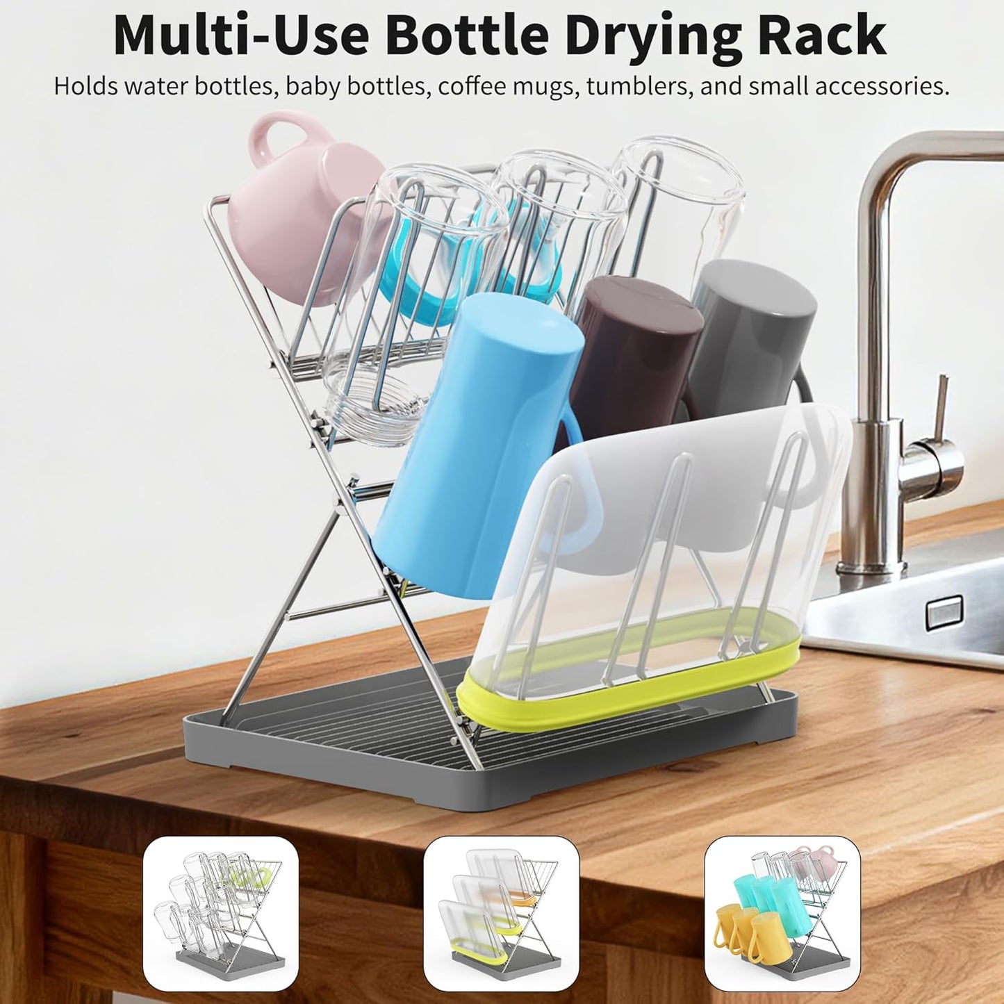 Vertical Baby Bottle Drying Rack, 9 Hooks Vertical Rack Dryer with Drainage Tray for Water Bottles, Drinking Glasses, Mugs, Cups, Foldable, Stainless Steel