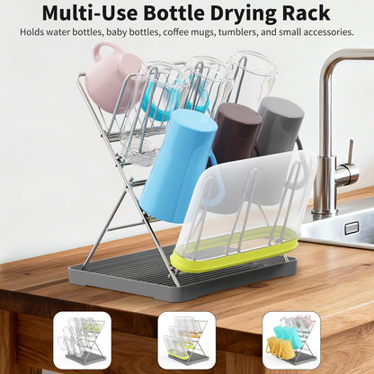 Vertical Baby Bottle Drying Rack, 9 Hooks Vertical Rack Dryer with Drainage Tray for Water Bottles, Drinking Glasses, Mugs, Cups, Foldable, Stainless Steel
