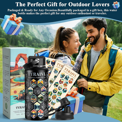 National Parks Water Bottle with Stickers, Birthday Gifts for Men and Women, 32oz Wide Mouth Leakproof Stainless Steel Bucket List Insulated Bottle for Camping & Hiking
