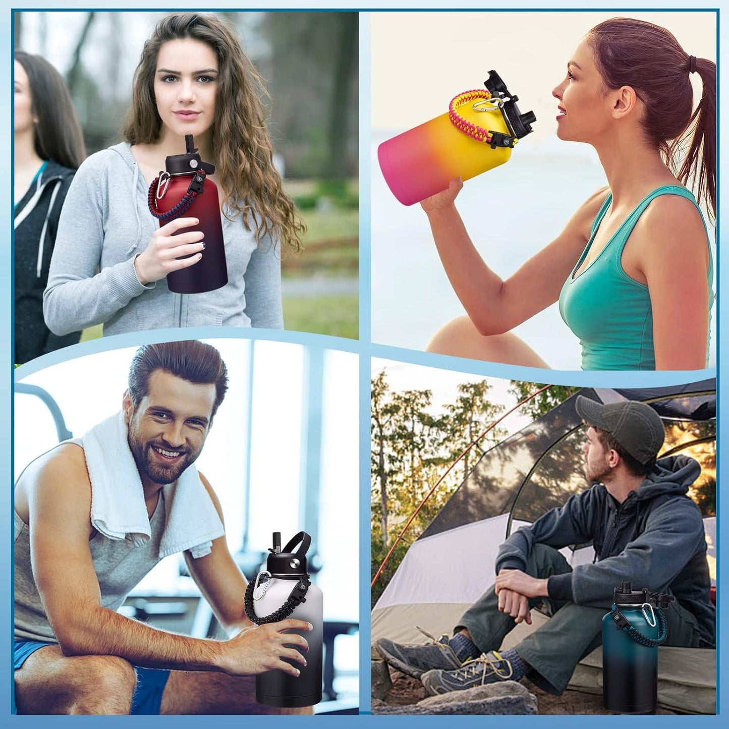 32/40/64OZ Insulated Water Bottle - Keep Cold 48H Hot 24H, Combo Straw/Spout Lids, Paracord Handle for Gym/Hiking, Carrier Bag +Strap, Cup Mat, BPA-Free Stainless Steel Flask Jug