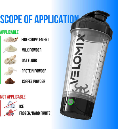VELOMIX Electric Protein Shaker Bottle - 24 oz | USB-C Rechargeable | Leak Proof Shaker Cups for Protein Shakes | Portable Blender for Shakes and Smoothies (Electric-Transparent)